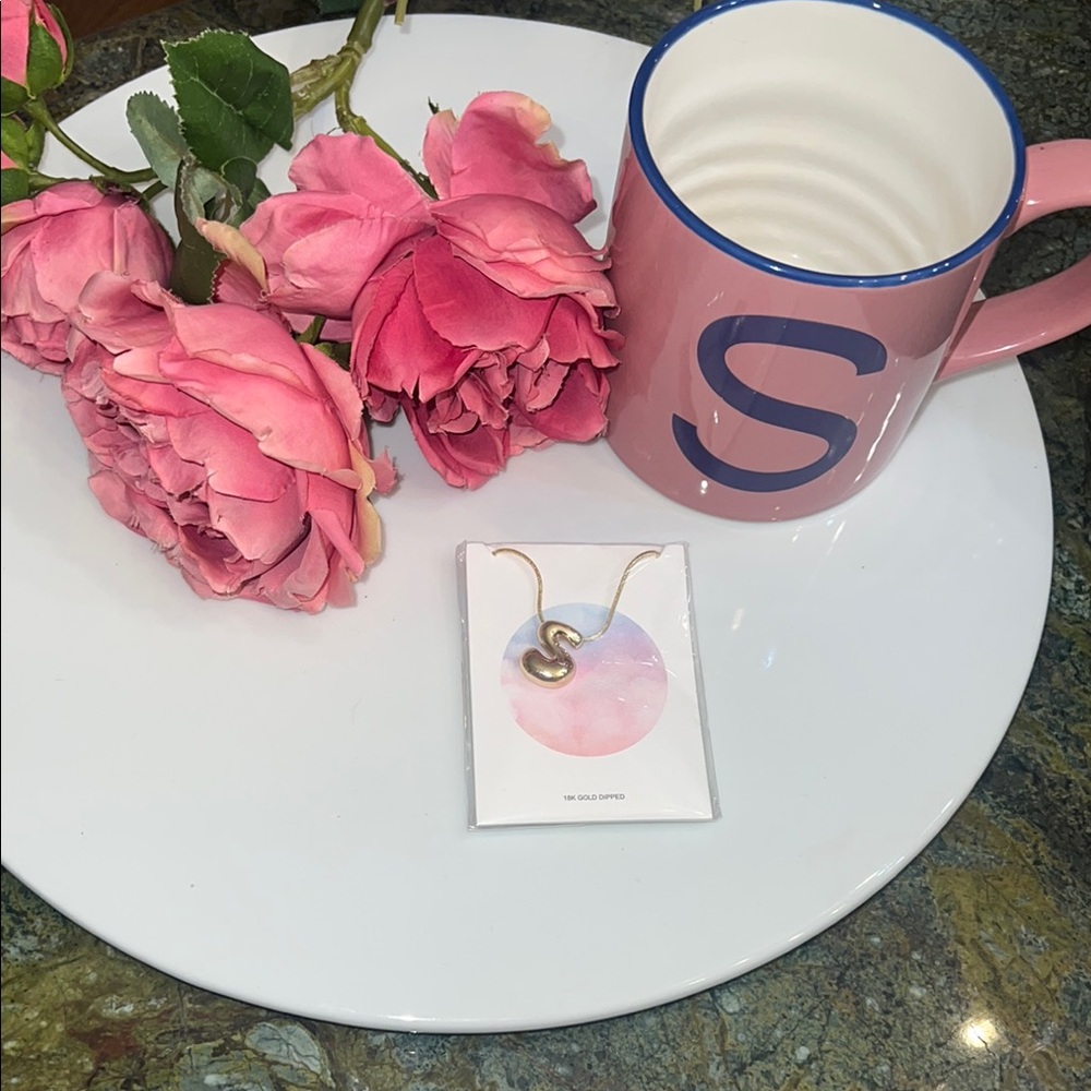 Pink Mug with Initial 'S' and Necklace Set